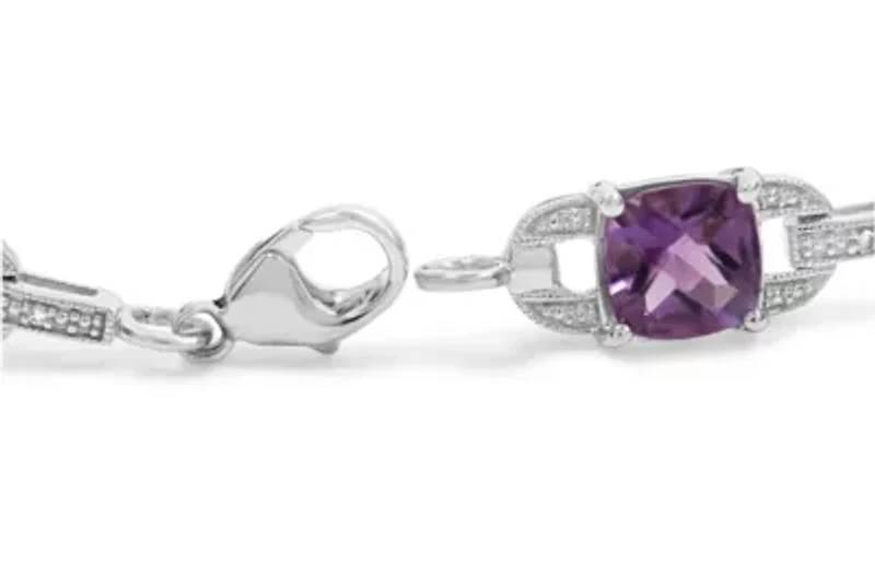 Silver 7mm Cushion Cut Amethyst Gemstone and Diamond Tennis Link Bracelet