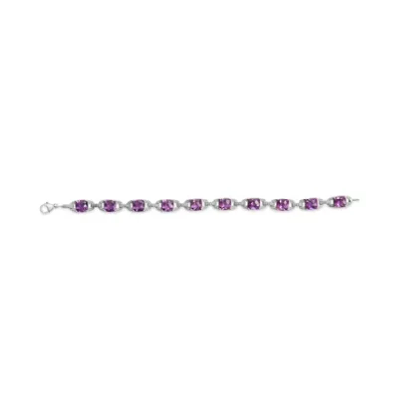 Silver 7mm Cushion Cut Amethyst Gemstone and Diamond Tennis Link Bracelet