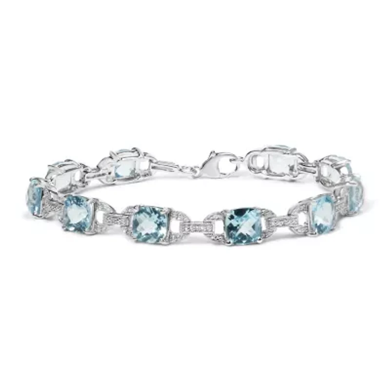 Silver 7x7 mm Cushion Cut Blue Topaz and Diamond Accent Tennis Bracelet