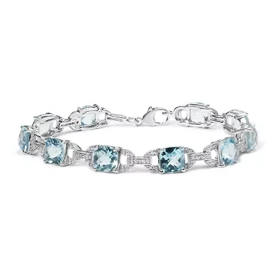 Silver 7x7 mm Cushion Cut Blue Topaz and Diamond Accent Tennis Bracelet