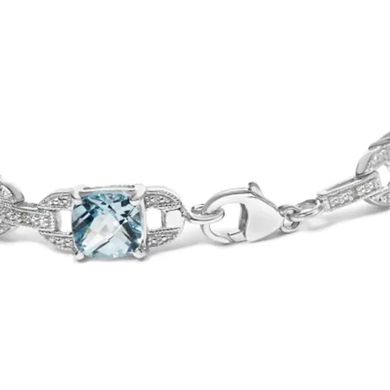 Silver 7x7 mm Cushion Cut Blue Topaz and Diamond Accent Tennis Bracelet