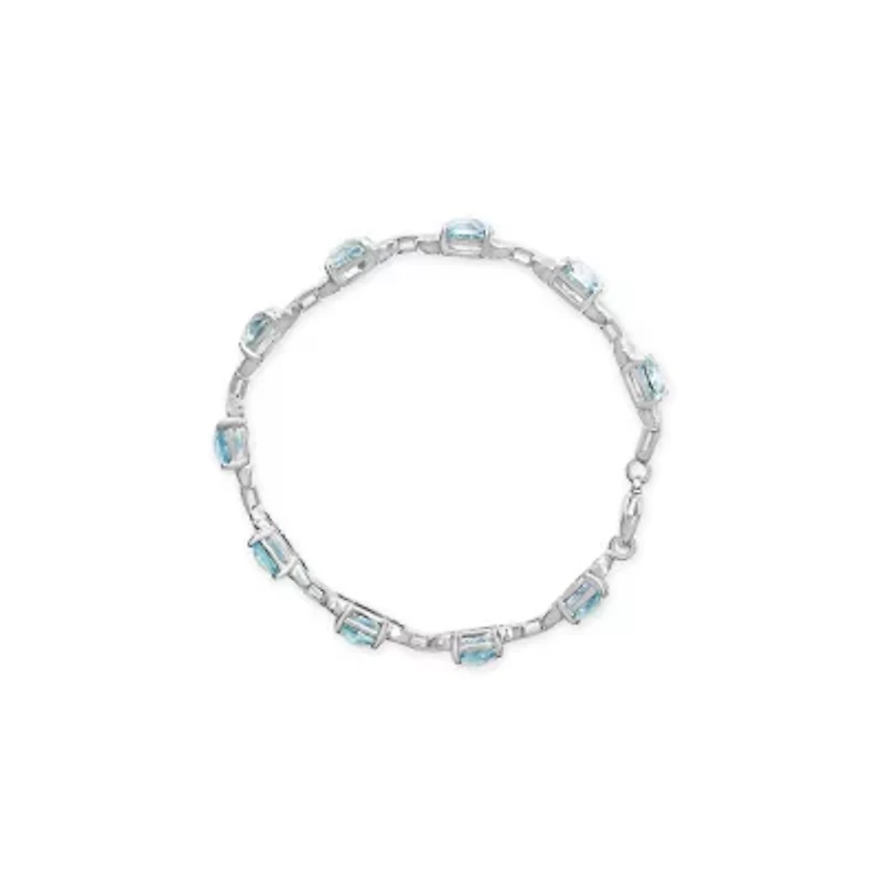 Silver 7x7 mm Cushion Cut Blue Topaz and Diamond Accent Tennis Bracelet
