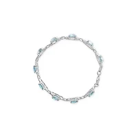 Silver 7x7 mm Cushion Cut Blue Topaz and Diamond Accent Tennis Bracelet