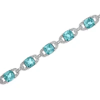 Silver 7x7 mm Cushion Cut Blue Topaz and Diamond Accent Tennis Bracelet
