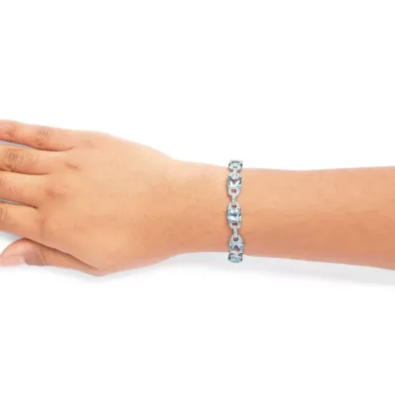 Silver 7x7 mm Cushion Cut Blue Topaz and Diamond Accent Tennis Bracelet