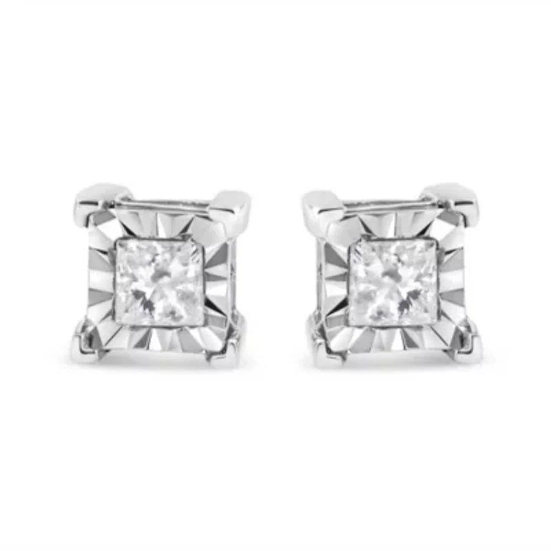 Silver 1/4 Ct Miracle Princess Solitaire Stud Earrings