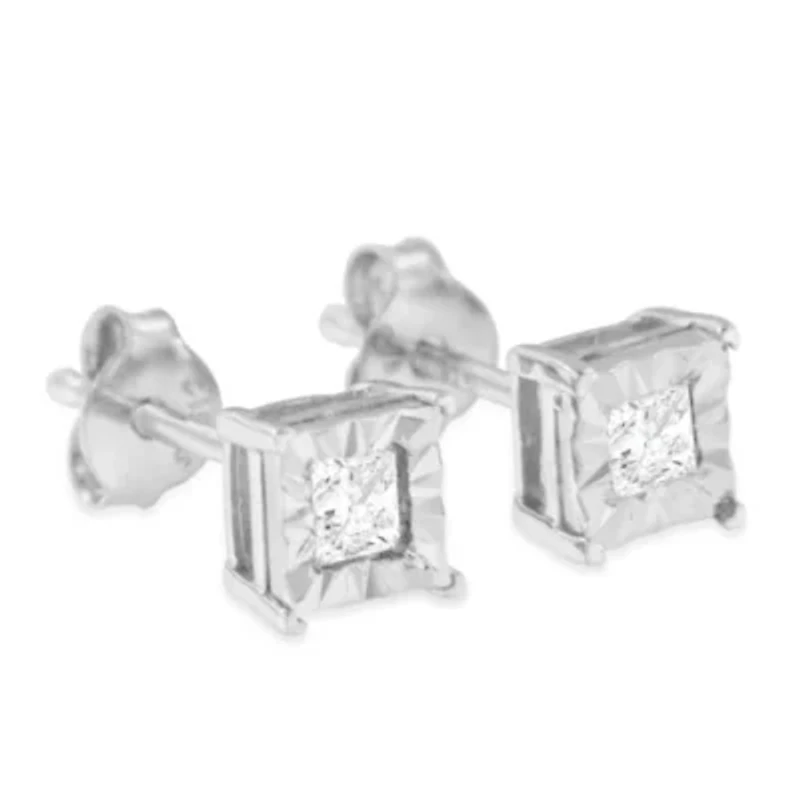 Silver 1/4 Ct Miracle Princess Solitaire Stud Earrings