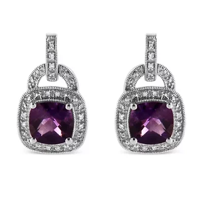 Silver 8MM Natural Cushion Shaped Amethyst Diamond Accent Halo Dangle Earrings