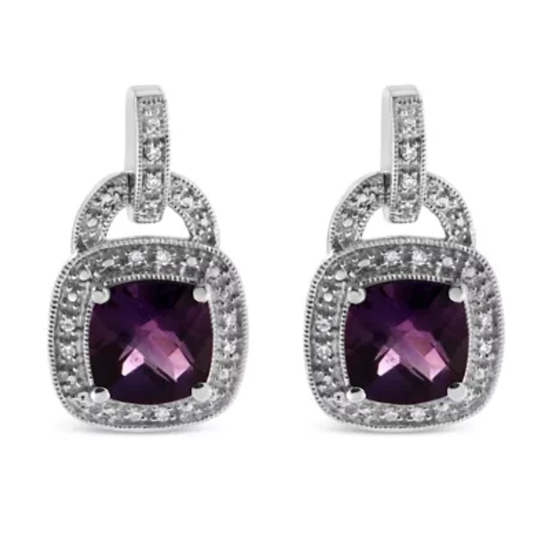 Silver 8MM Natural Cushion Shaped Amethyst Diamond Accent Halo Dangle Earrings