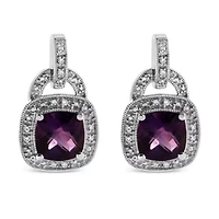 Silver 8MM Natural Cushion Shaped Amethyst Diamond Accent Halo Dangle Earrings