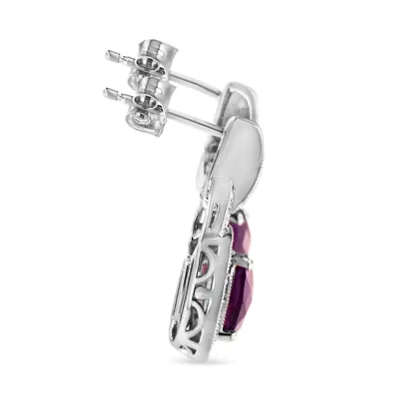 Silver 8MM Natural Cushion Shaped Amethyst Diamond Accent Halo Dangle Earrings