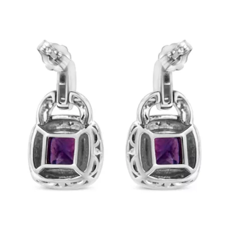 Silver 8MM Natural Cushion Shaped Amethyst Diamond Accent Halo Dangle Earrings