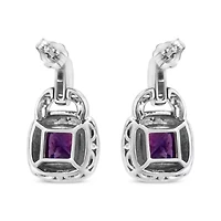 Silver 8MM Natural Cushion Shaped Amethyst Diamond Accent Halo Dangle Earrings