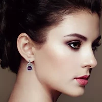 Silver 8MM Natural Cushion Shaped Amethyst Diamond Accent Halo Dangle Earrings
