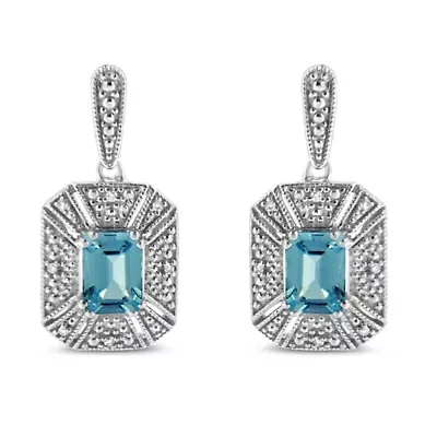 Sterling Silver 7x5MM Emerald Shape Blue Topaz and Diamond Accent Art Deco Halo Style Drop and Dangle Earrings