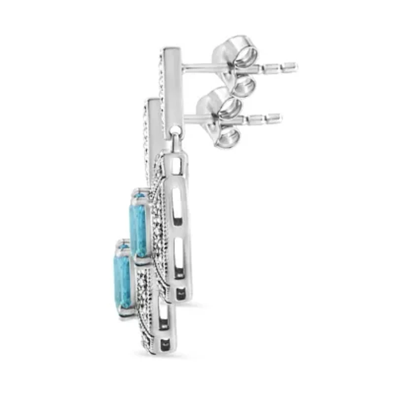 .925 Sterling Silver 5mm Blue Topaz and Diamond Dangle Earrings