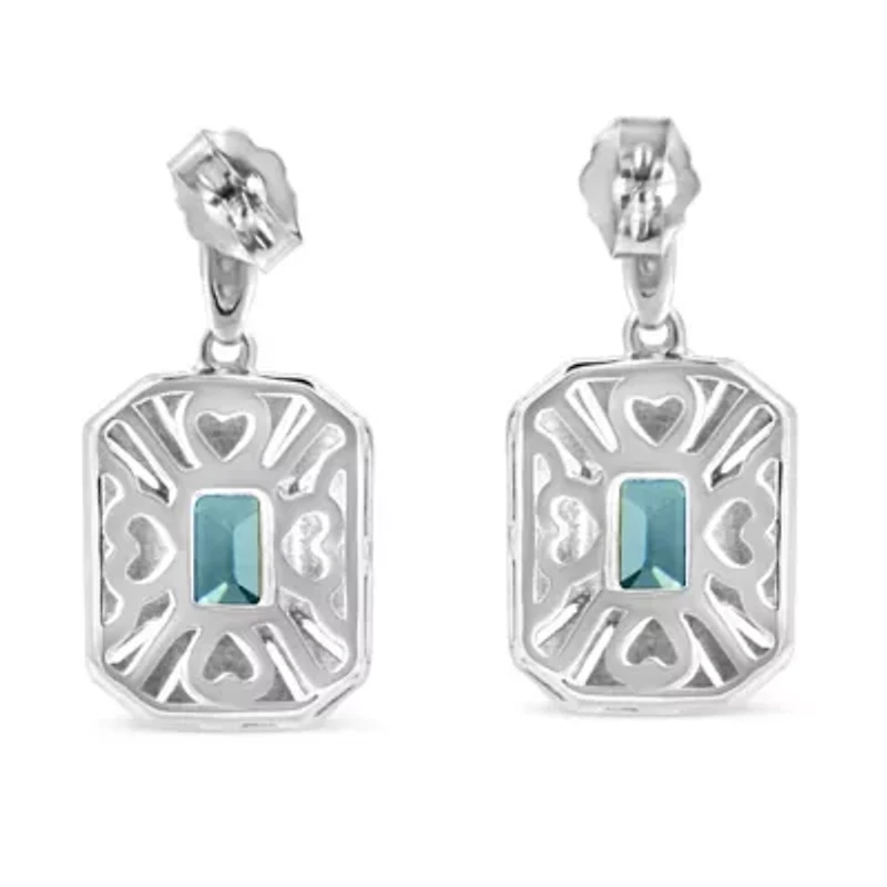 .925 Sterling Silver 5mm Blue Topaz and Diamond Dangle Earrings