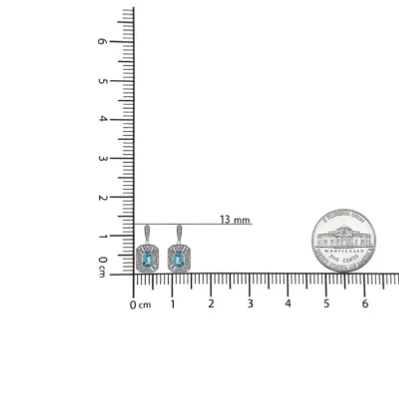 .925 Sterling Silver 5mm Blue Topaz and Diamond Dangle Earrings
