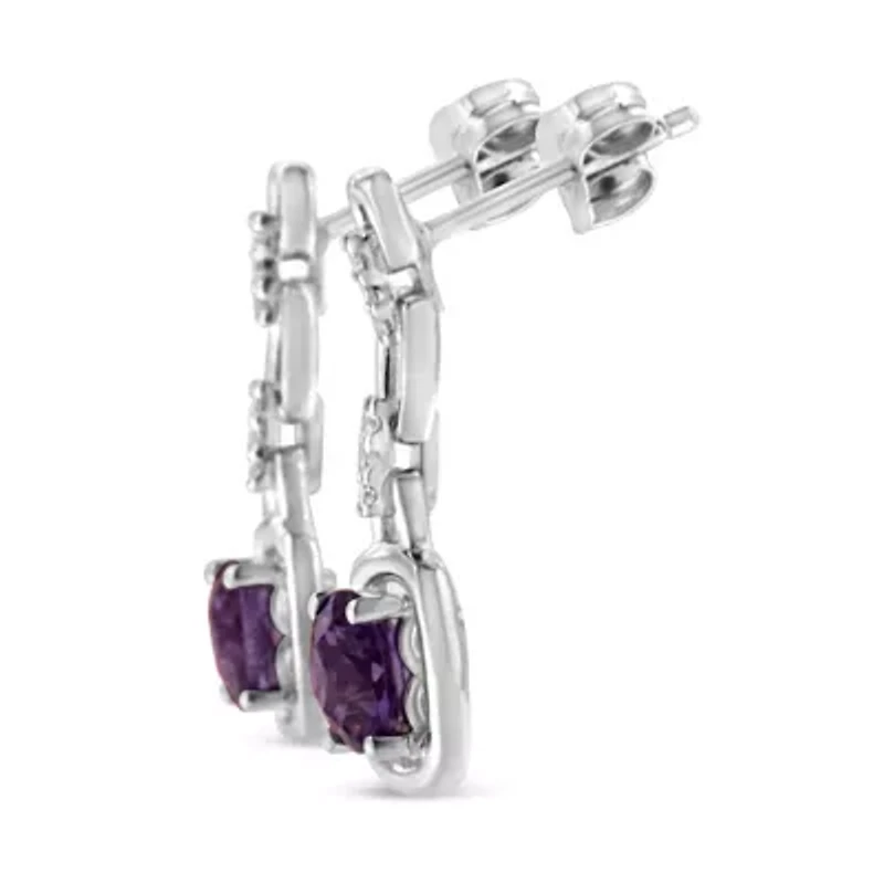 Silver Cushion Purple Amethyst and Diamond Accent Drop and Dangle Earrings