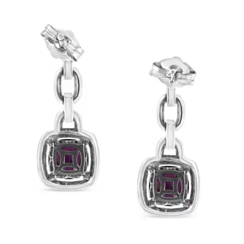 Silver Cushion Purple Amethyst and Diamond Accent Drop and Dangle Earrings