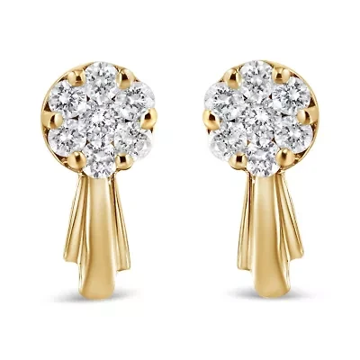 14K Yellow Gold 3/4 Ct Diamond Floral Cluster Drop and Dangle Stud Earrings
