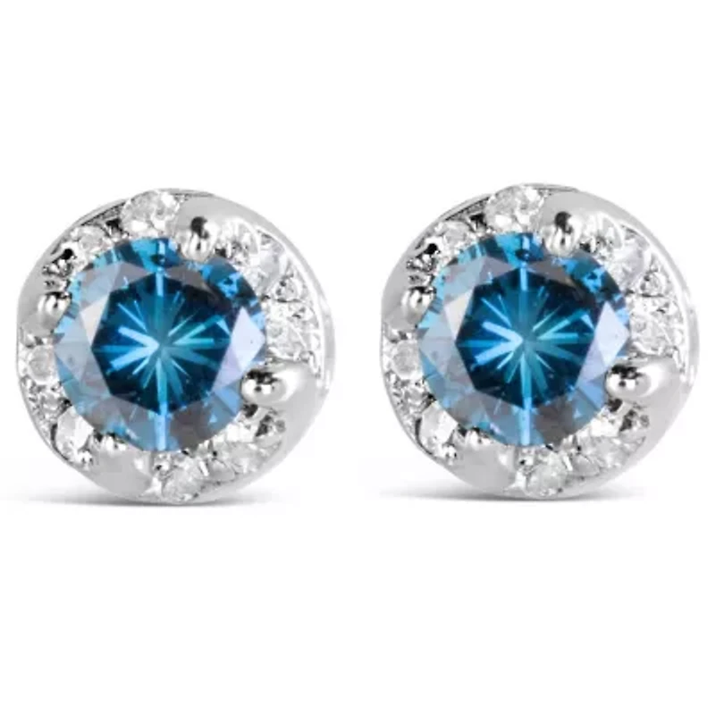 14K White Gold 1.00 Ct Blue and White Diamond Hidden Halo Stud Earrings