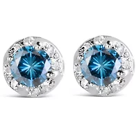 14K White Gold 1.00 Ct Blue and White Diamond Hidden Halo Stud Earrings