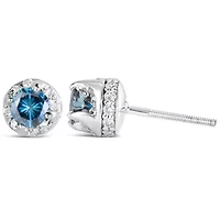 14K White Gold 1.00 Ct Blue and White Diamond Hidden Halo Stud Earrings
