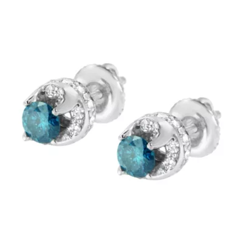14K White Gold 1.00 Ct Blue and White Diamond Hidden Halo Stud Earrings