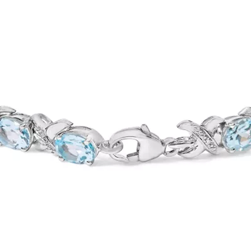 Silver 16.0 Cttw Oval Blue Topaz and Diamond Accent Tennis X Link Bracelet