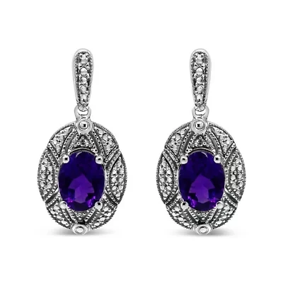 Silver Diamond Accent and 8x6mm Purple Oval Amethyst Stud Earrings