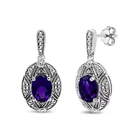 Silver Diamond Accent and 8x6mm Purple Oval Amethyst Stud Earrings