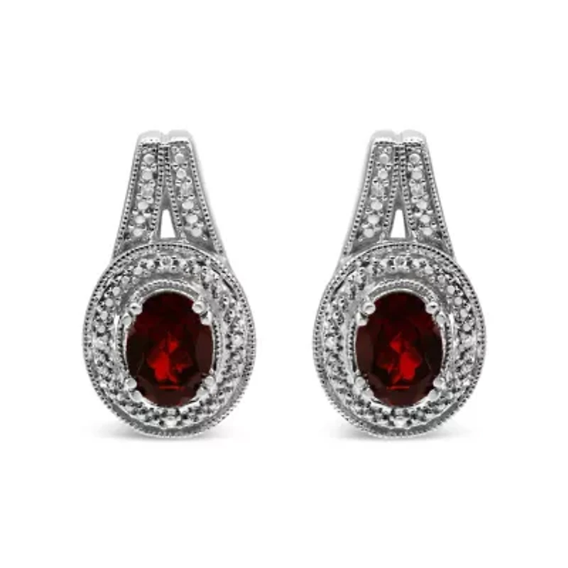 Silver Diamond Accent and 8x6mm Red Oval Garnet Stud Earrings