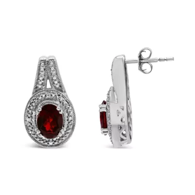 Silver Diamond Accent and 8x6mm Red Oval Garnet Stud Earrings