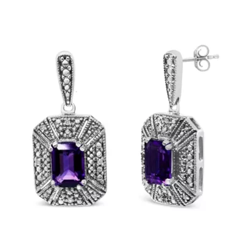 Silver Diamond Accent and 7x5mm Purple Amethyst Stud Earrings
