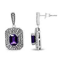 Silver Diamond Accent and 7x5mm Purple Amethyst Stud Earrings