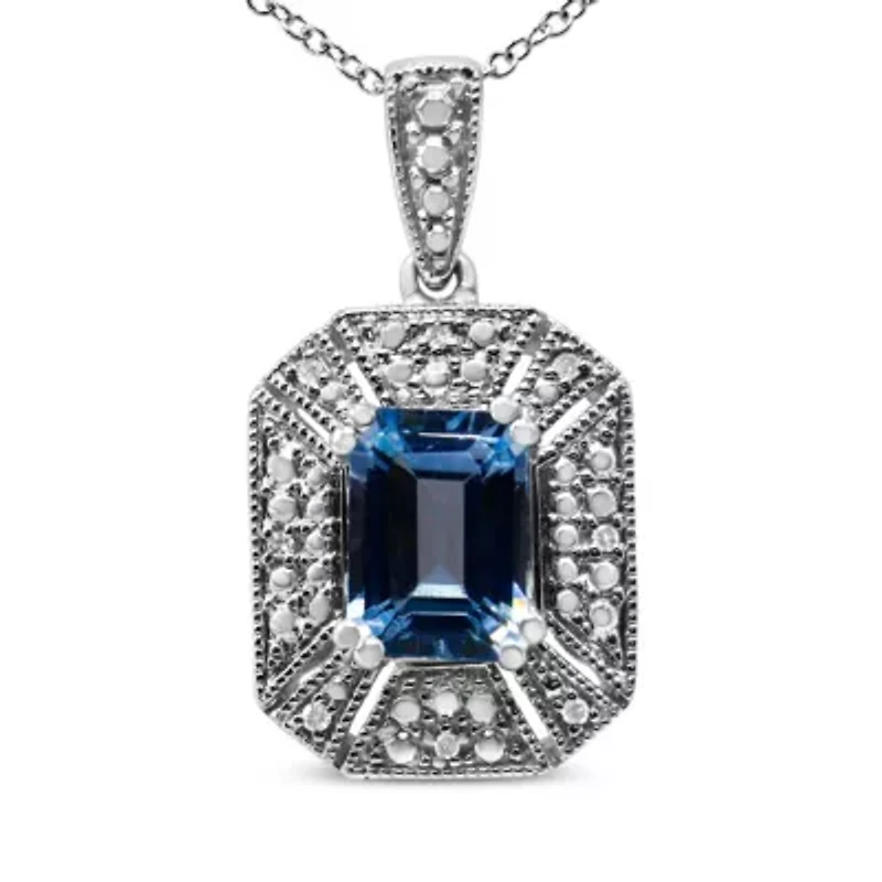 Silver Blue Topaz and Diamond Accent Art Deco Style 18" Pendant Necklace