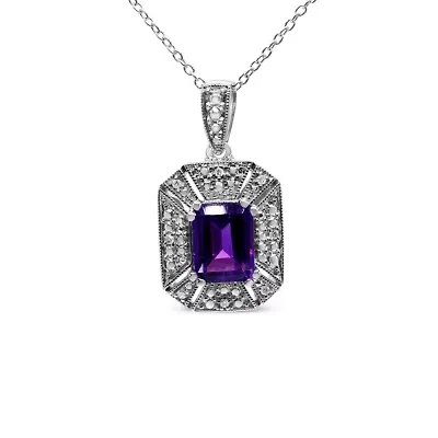 Silver Purple Amethyst and Diamond Accent Art Deco Style 18" Pendant Necklace