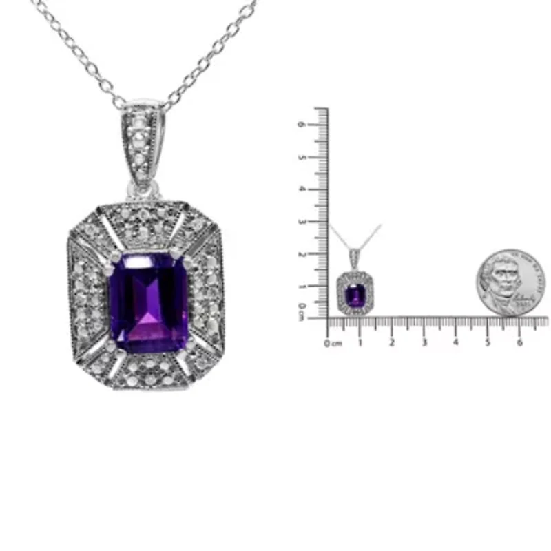 Silver Purple Amethyst and Diamond Accent Art Deco Style 18" Pendant Necklace