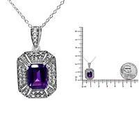 Silver Purple Amethyst and Diamond Accent Art Deco Style 18" Pendant Necklace