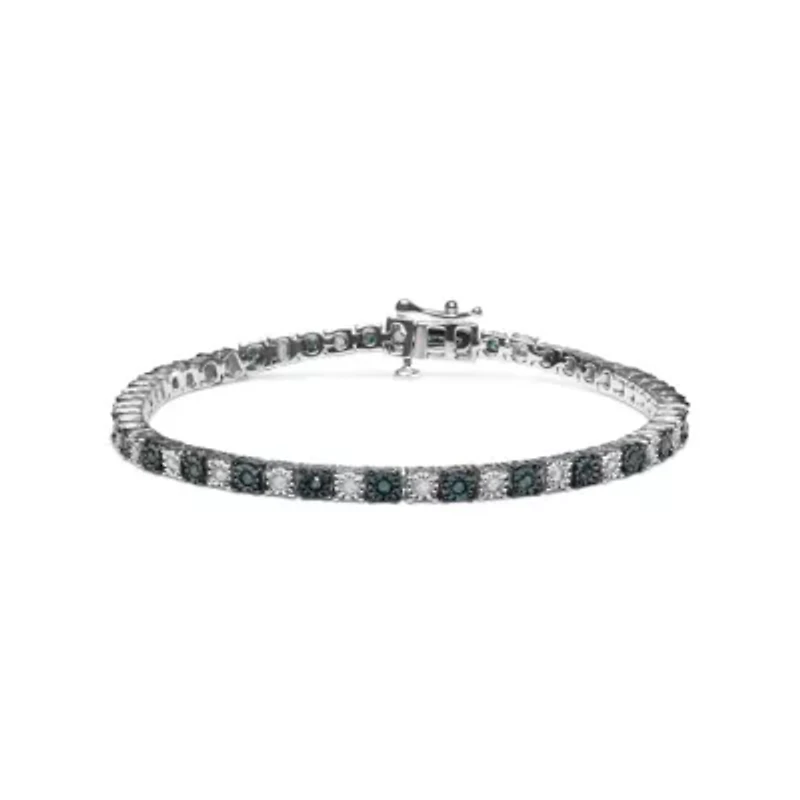 Silver 1.0 Cttw White Diamond and Blue Diamond Tennis Bracelet - Size 7" Inches