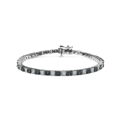 Silver 1.0 Cttw White Diamond and Blue Diamond Tennis Bracelet - Size 7" Inches