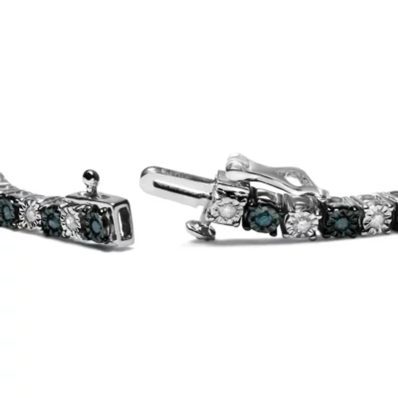 Silver 1.0 Cttw White Diamond and Blue Diamond Tennis Bracelet - Size 7" Inches
