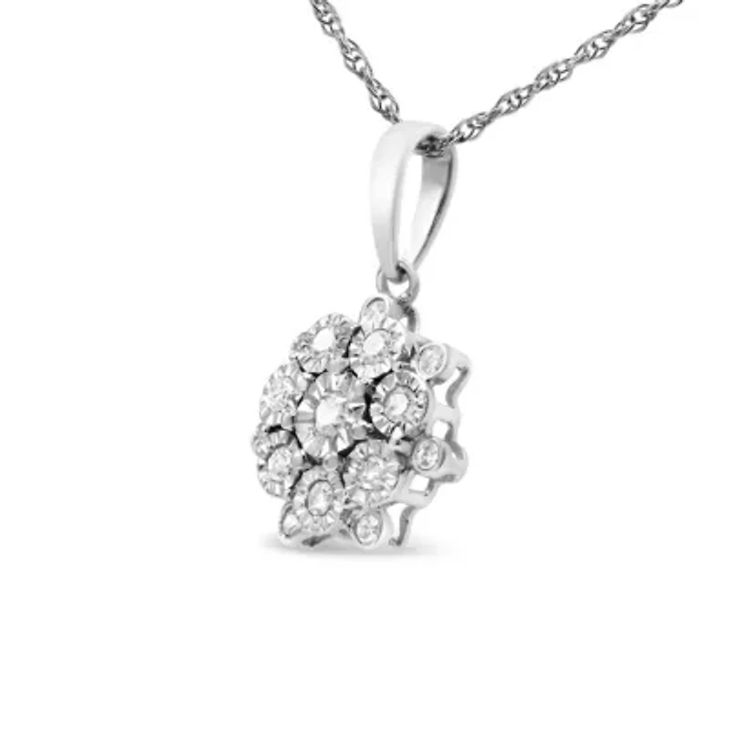 Silver 1/4 Cttw Miracle Set Diamond Floral Cluster 18" Pendant Necklace for Women