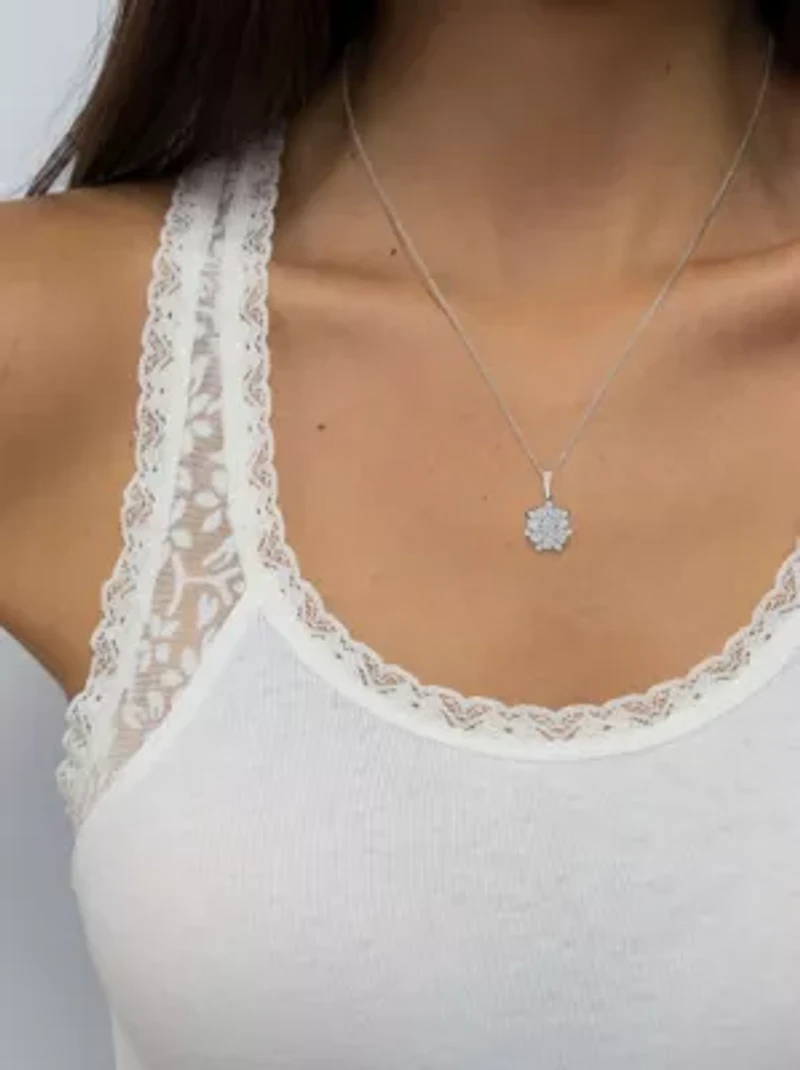 Silver 1/4 Cttw Miracle Set Diamond Floral Cluster 18" Pendant Necklace for Women