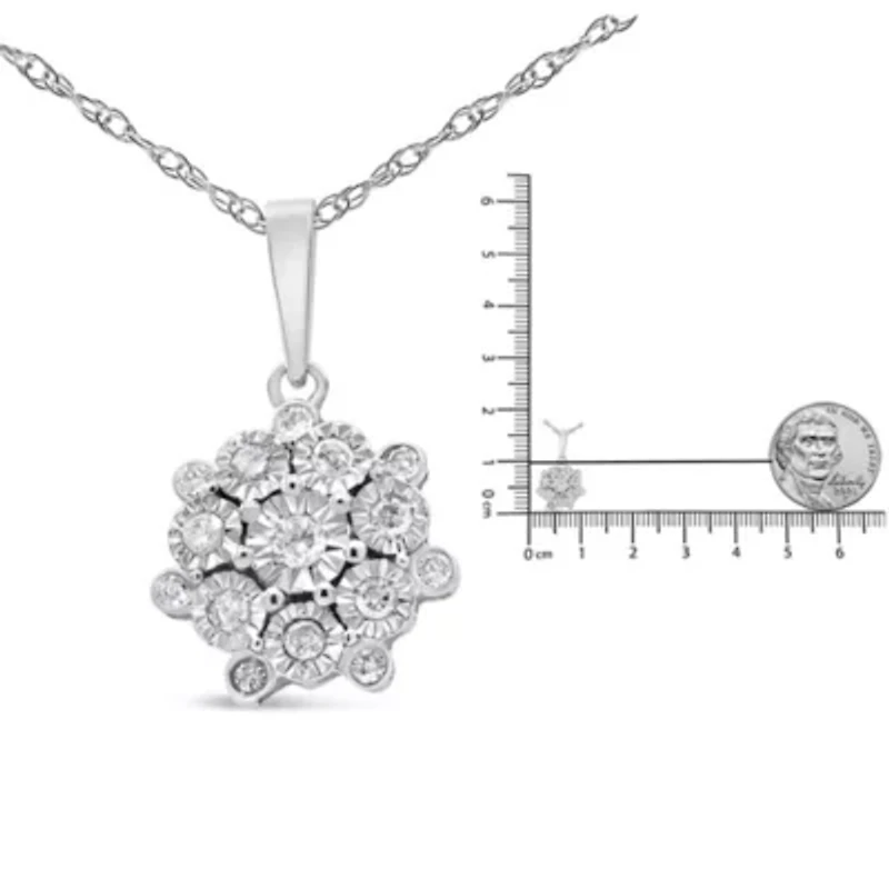 Silver 1/4 Cttw Miracle Set Diamond Floral Cluster 18" Pendant Necklace for Women