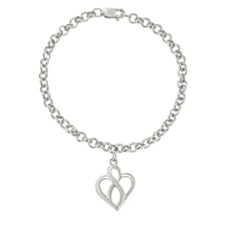 Silver Open Heart with Center Vertical Infinity Chain Charm Bracelet - Size 7"