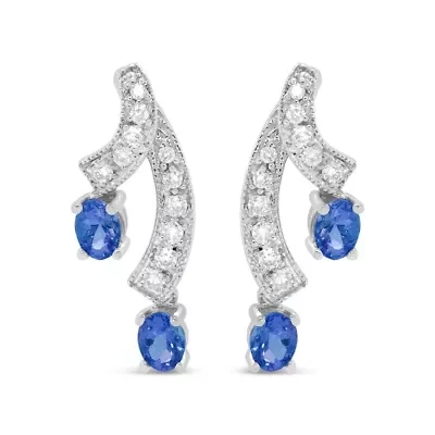 14K White Gold Oval Shaped Natural Blue Diamond Double Drop Stud Earrings