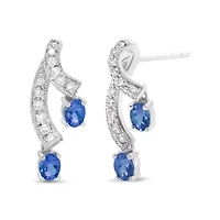 14K White Gold Oval Shaped Natural Blue Diamond Double Drop Stud Earrings