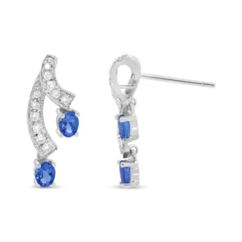 14K White Gold Oval Shaped Natural Blue Diamond Double Drop Stud Earrings